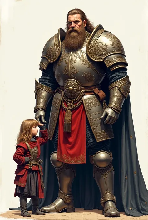 color drawing, Russian hero with a child in full growth, hero in armor, with a big beard, long hair, stern look