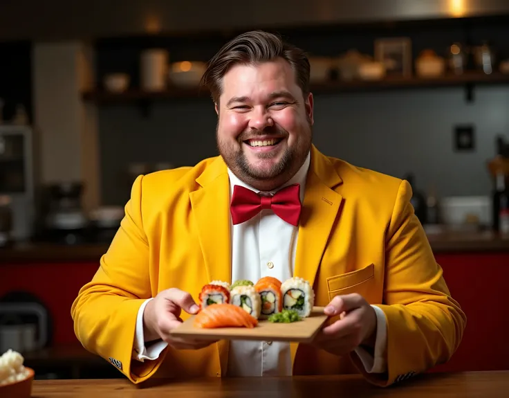 advertising photography, A man of European appearance, a bit plump, in a yellow jacket and a red bow tie, cheerful sits on a big red chair, glad, brunette hair combed to the side as if slicked, round chin, holds Japanese delicious rolls on a wooden board, ...