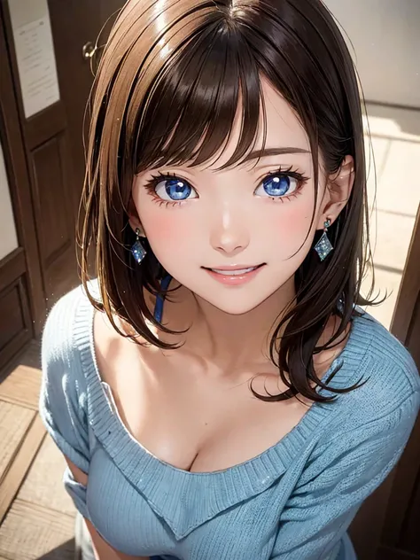 (masterpiece, best quality:1.2), Very detailed, 8k, 1girl, Cute Japanese, Cinema Lighting, Fine and beautiful eyes, Thin Hair, brown hair, straight bob hair, short hair, Simple crystal earrings, blue eyes, Narrow eyes:1.3, Moist eyes, Wearing casual clothi...