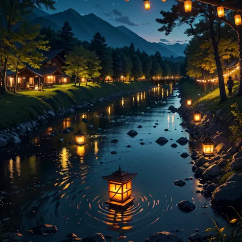 summer night、Mountain々Along the river in a small rural village surrounded by、People who enjoy firefly hunting々The sight of。Lanterns are hung at equal intervals on both sides of the river..、Gives off a soft orange glow。Lanterns and fireflies on a tree々Or le...