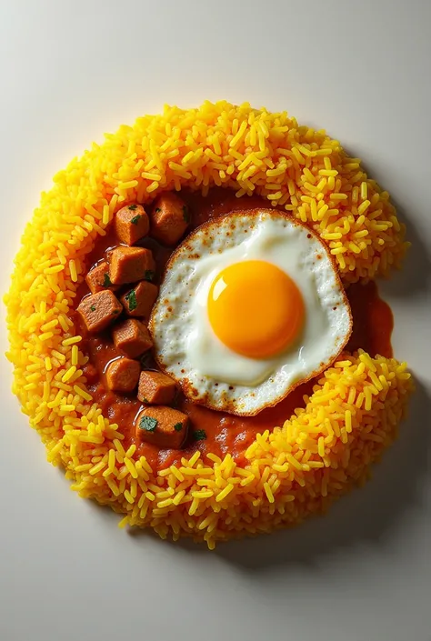 Please arrange the Japanese turmeric rice in the shape of a wide C.。Pour the keema curry roux into the center of C and the outside of C.、Surround the turmeric rice with roux。Please top the rice with a fried egg.。