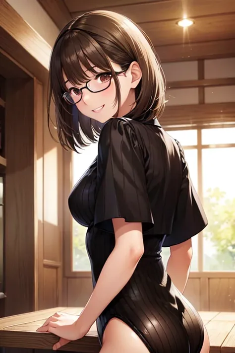 anegasaki nene、Shiny brown hair, short hair, (Beautiful brown eyes、Sparkling eyes, Fine grain)、smile、Ultra-detailed eyes、Highly detailed face, Highly detailed eyes,Cowboy Shot、


Ribbed leotard, From the side, blush, Make eye contact, Brown Hair,  Glasses,...