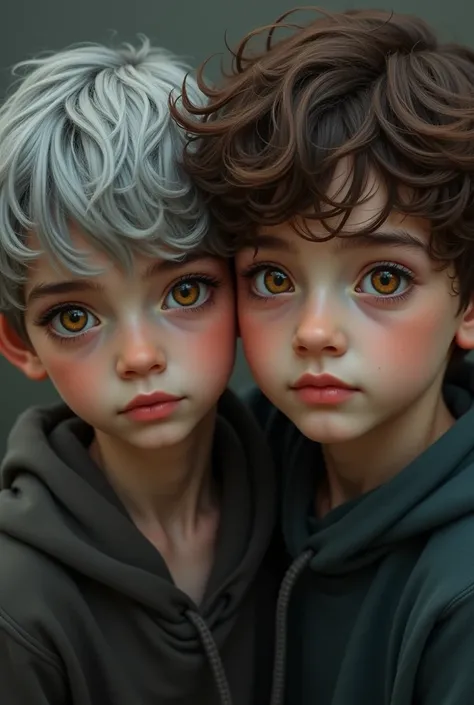 Couple

- A boy from . grey hair, golden eyes. Matte skin. 

- A boy from . Curly brown hair, courts, with amber eyes. 