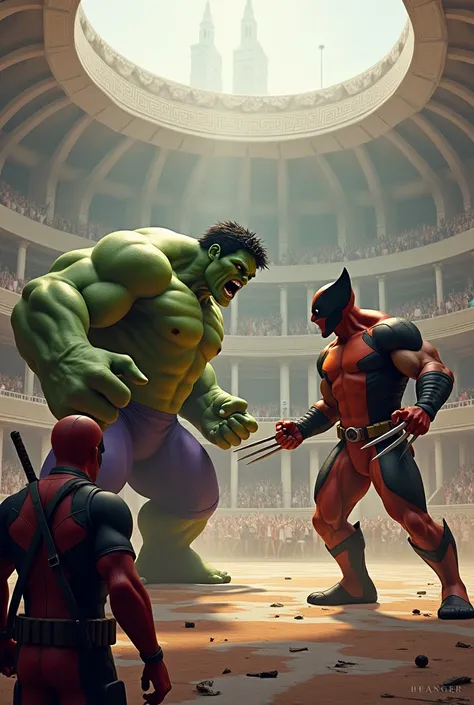 Hulk vs wolverine in a arena and deadpool chear up them
