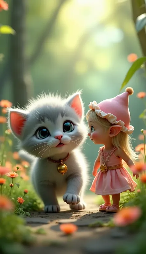 a kitten with soft gray fur, with always big blue eyes. Around its neck was a small necklace with a bell with a surprised expression and shook its head, while running, it bumped into a little elf wearing a dress made of flower petals.