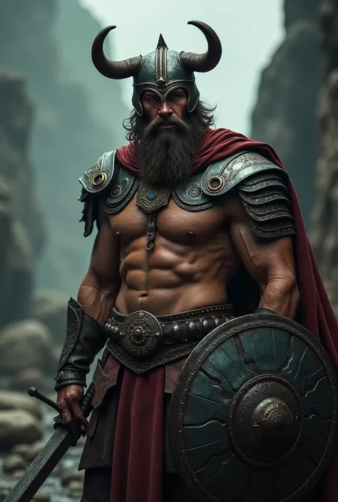 a gaullish warrior, medieval fantasy, highly detailed portrait, dramatic lighting, cinematic, muscular male figure, intricate armor, helmet with horns, stern facial expression, holding sword and shield, in a rugged landscape, moody colors, dramatic shadows...