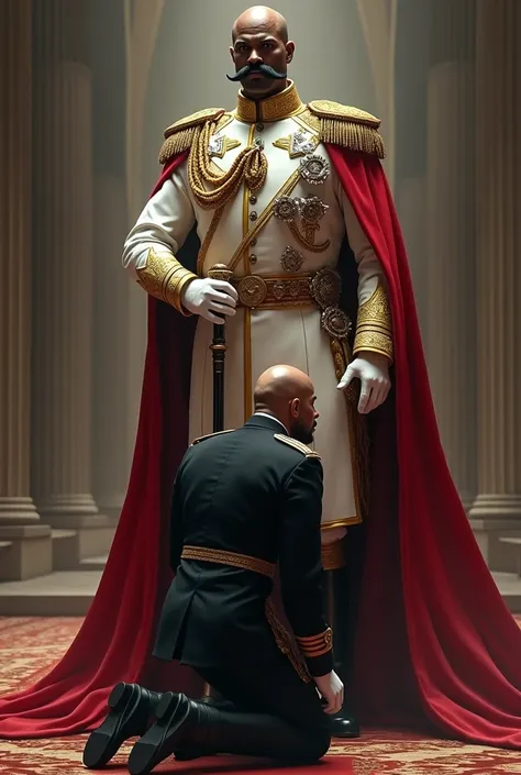 black warlord,bald,With a mustache,Wearing red and white luxurious military uniforms,Hold a cane,wearing white gloves,Caucasian adjutant wearing black military uniform,Kneeling on the ground,hyper-realistic style