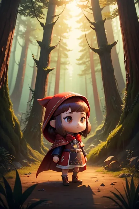 High fantasy, Best quality, dim lighting, outside lighting, 1girl, Wearing large bright red robe, brown vest, Red riding hood, Dark Brown hair, Chibi, Animal crossing style, Front view, Forest background