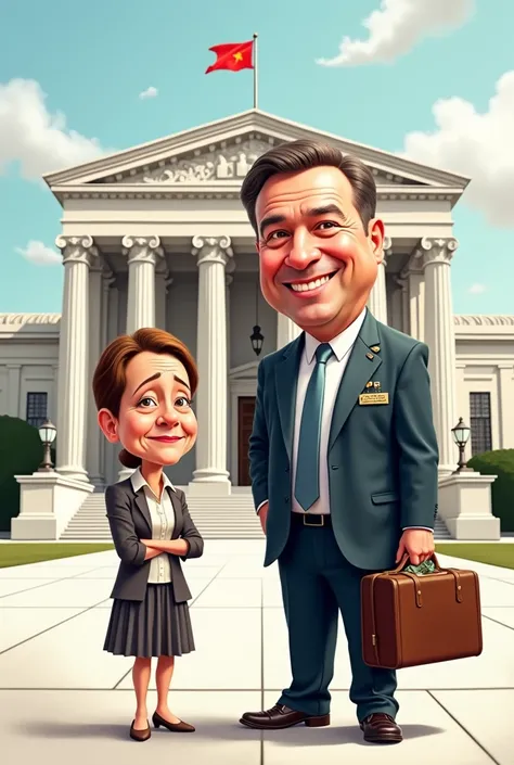 caricature: Two people standing in front of the government building. The first person was an official in an expensive suit., smiling while carrying a suitcase that is slightly open showing money sticking out, just a little bit, don&#39;t let the money spil...