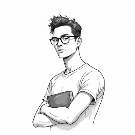 Hand-painted Q version black and white simple line draft，Healing Wind，One wears short sleeves，Wearing glasses，Looks very elegant,Handsome man holding a book and looking at the camera
