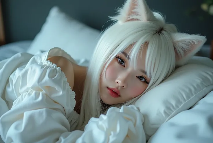 A fair-skinned woman lies in bed、Wearing White Wolf cosplay accessories、Sexy exposure 80％Costume、Full body portrait、Turning face、White Hair、Straight hairstyle、Japanese actress、Adult face、Beauty Witch