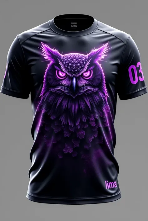 Draw a black sports shirt, showing the "front and rear views" . At the front, there must be a war themed owl in purple, with menacing details like glowing eyes and exaggerated feathers, centralized. on the right side of the chest, print &#39;4°IA&#39; in b...