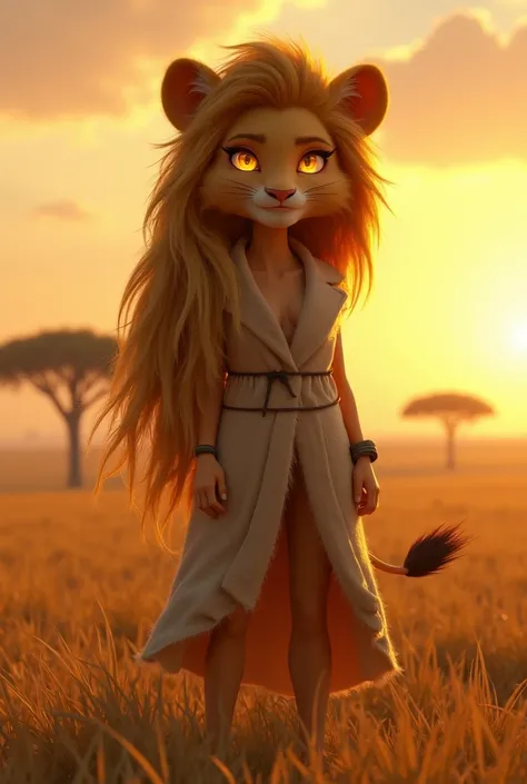 youthful anthropomorphic lioness girl, thick fluffy volumetric golden fur, cinematic 3D CAD Model Style, elegantly stroking her thick hair, proud smirk, long black hair cascading down back, piercing golden eyes glowing, savanna sunset, golden grasses swayi...