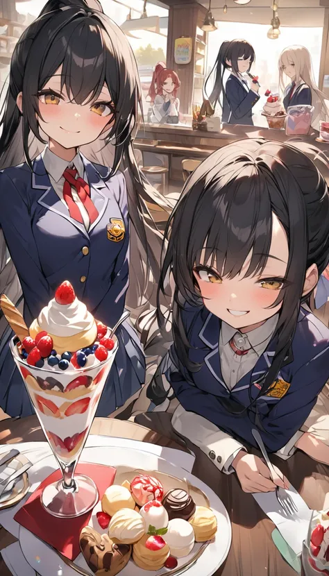 Two Women、Sisters、beautiful girl、sweets shop、Sit on a chair、Holding a fork、Eat sweets、Eat a parfait、Parfait to the table、high school girl、School、目を閉じてsmile、smile、Blazer uniform、Pleated skirt、Black knee-high socks、Long Hair、Highest quality、Ultra HD、Black Ha...