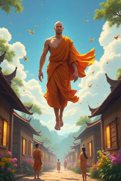 The handsome Theravada Buddhist monk, wearing a robe that exposes his left shoulder, walks back and forth in the sky, far above the ground. Below are wooden houses with bright lights and colorful flowers planted in front of the houses. The people clasp the...