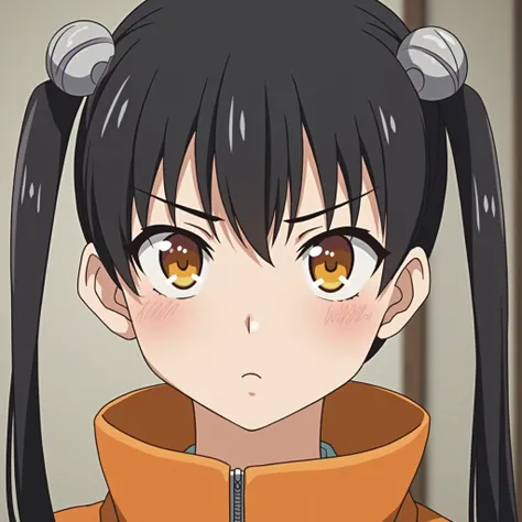 The character in the image has a young and striking appearance. Her hair is black and tied in two buns., one on each side of the head, with bangs that fall over the forehead. Her eyes are large and a vibrant orange color., standing out a lot on the face. H...