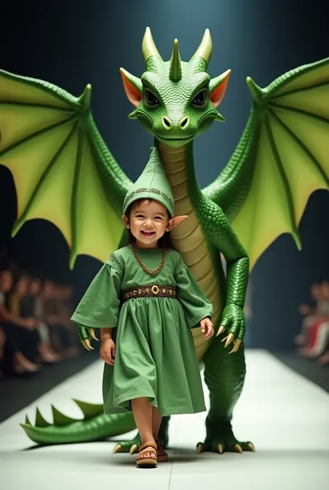 Portrait of a cute, smiling  baby girl walking in a fashion show with a dragon by her side. She is wearing green medieval elf clothes and sandals. The dragon next to her is large and green, with its wings spread. Professional studio lighting, photographed ...