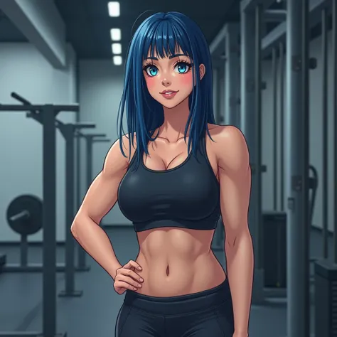 
"Young woman of 25 years, of 1,73 meters tall and 80 kilos, with a toned and athletic body, typical of someone who exercises regularly at the gym. She has straight, deep blue hair., that contrasts with her light skin. His eyes are a deep blue, and her lip...