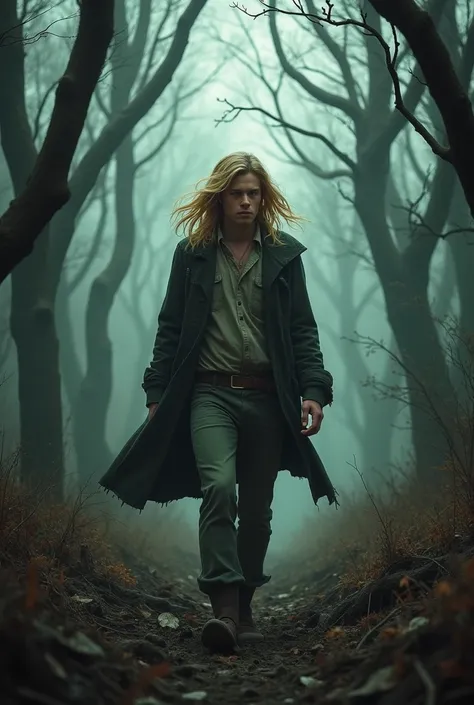 Young man with long blonde hair in a zombie apocalypse walking through the forest