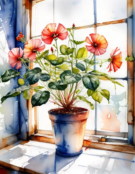 Painting of a window with potted plants and flowers, Watercolor style, Watercolor, Watercolor Detail Art, 细致的Watercolor painting, 细致的Watercolor, Watercolor, Watercolor, Watercolor painting, masterful 细致的Watercolor, Watercolor, 细致的Watercolor, Realistic Wate...