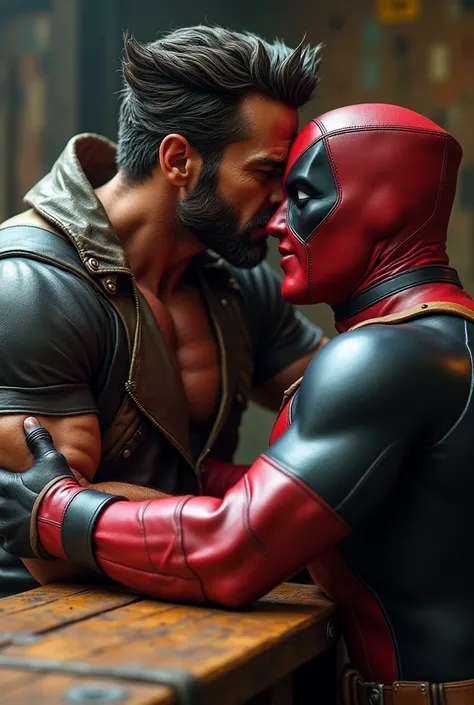 wolverine giving deadpool a big kiss, on top of a wooden table