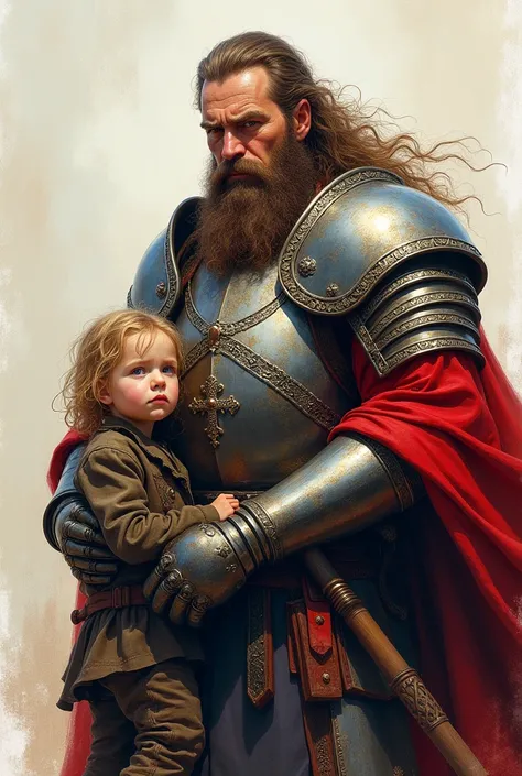 color drawing, Russian hero with a child in full growth, hero in armor, with a big beard, long hair, stern look,
((((Jeremy Mann))))