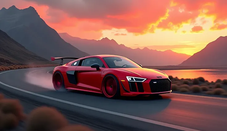 Audi r8 speeder schwez matt red rims on a mountain with sunset and water