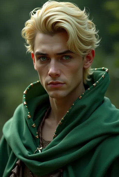 a very charming and charismatic man, has a closed expression and would be His clothes are green and full of life, druid robes Has vivid green eyes and short, well-combed blonde hair 3d art, high, detailed, dark fantasy