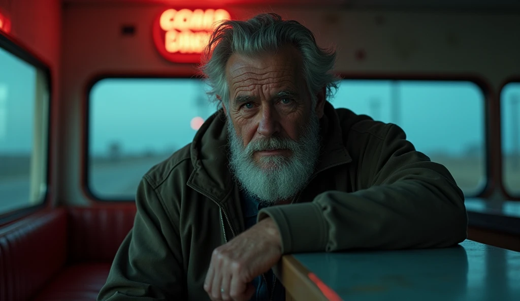 An older white man, weathered and heavyset, with gray stubble and tired, knowing eyes, leans against the counter inside a dimly lit diner. His face is etched with years of long-haul trucking, and his posture is casual but guarded. Behind him, the faint neo...