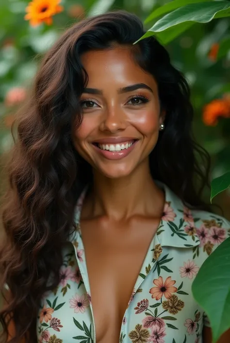 A Brazilian woman in a lush tropical garden, wearing an open shirt with a floral print, with a close-up capturing the harmonious beauty between her breasts and the natural flowers, showing off your natural charm and outgoing personality.