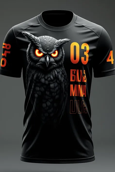 Draw a black sports shirt, showing front and rear views. At the front, there must be a horror themed owl, with menacing details like glowing eyes and exaggerated feathers, centralized. on the right side of the chest, print &#39;4°IA&#39; in bold, athletic-...