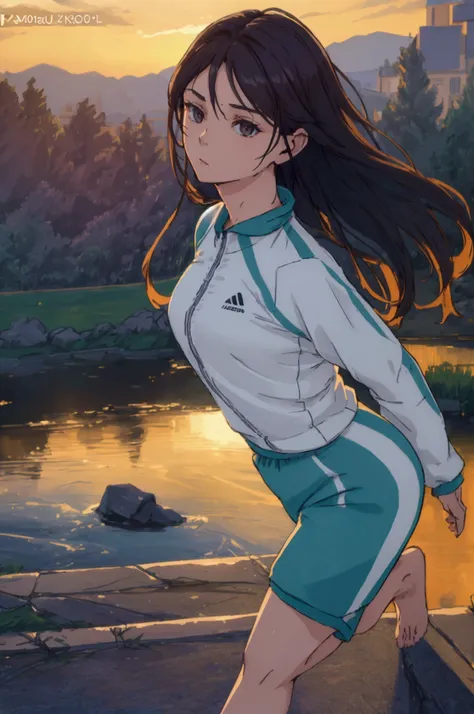 a girl in a track suit, long hair, running, dawn, (best quality,4k,8k,highres,masterpiece:1.2),ultra-detailed,(realistic,photore...