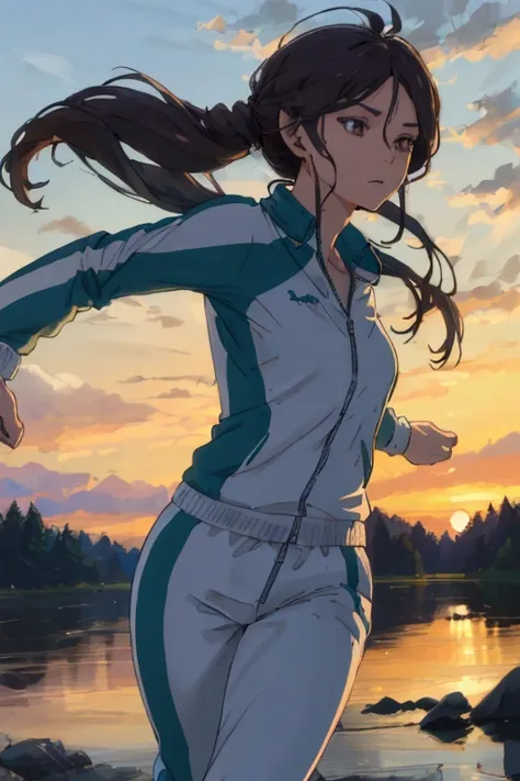 a girl in a track suit, long hair, running, dawn, (best quality,4k,8k,highres,masterpiece:1.2),ultra-detailed,(realistic,photore...