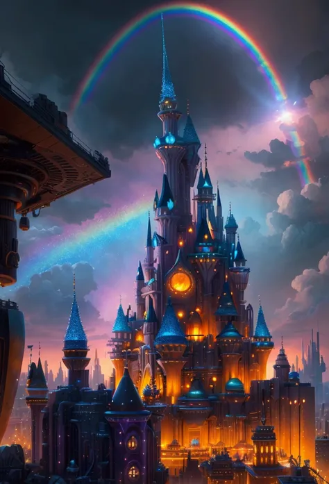 Make a futuristic and magical city, shining like a crystal. a rainbow over the city. Disney Pixar 3d style.