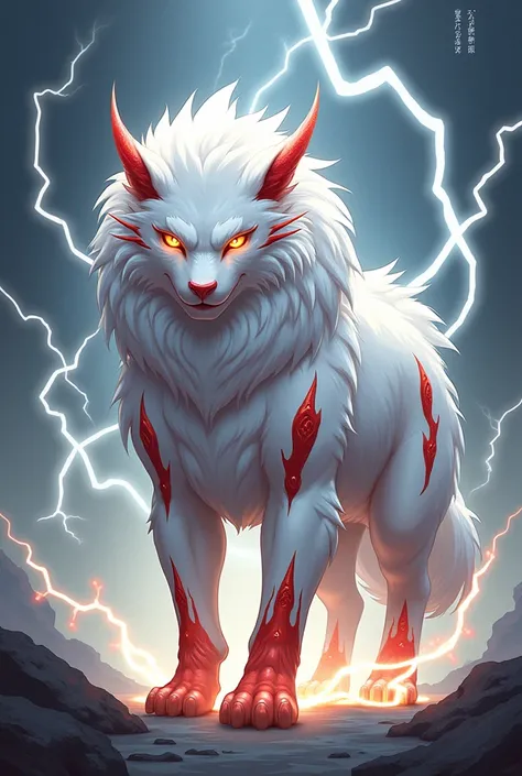 Make a spirit beast from murim manhwa, it is white with red details, He has yellow eyes, he is four-legged, and it has lightning around it.