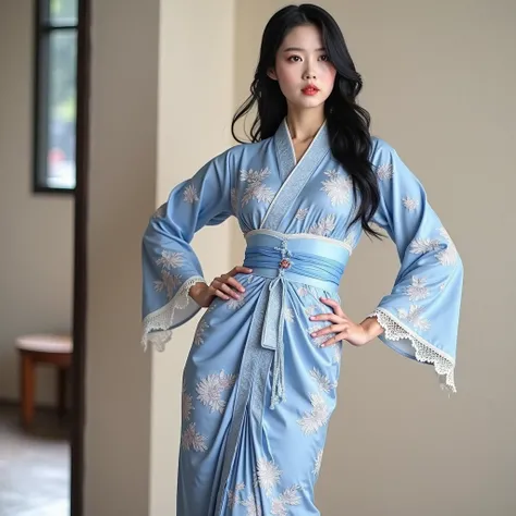 A beautiful Japanese woman wearing a majestic dress that combines the beauty of a female kimono, with the elegance and delicacy of lace details.