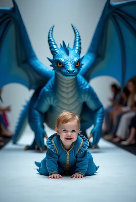 Portrait of a cute, smiling,  baby crawling on a fashion show with a huge dragon behind her. She is wearing blue medieval clothing. The dragon has blue tones, scary and muscular, and is behind the baby, protecting her, with wings spread. Professional studi...