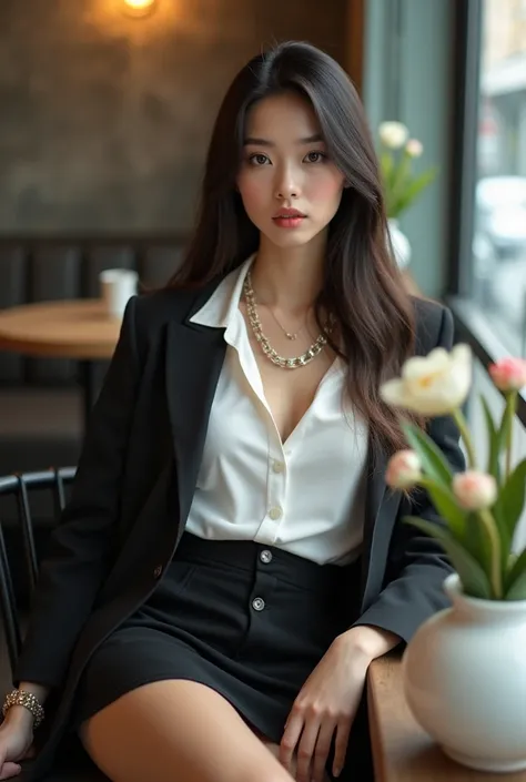 The image shows a thailand woman sitting on a black chair in an indoor cafe.She is wearing a Fit white collared shirt under a jacket and a black short skirt and luxury jewelry necklace and  earring .She has long dark hair and is looking directly at the cam...