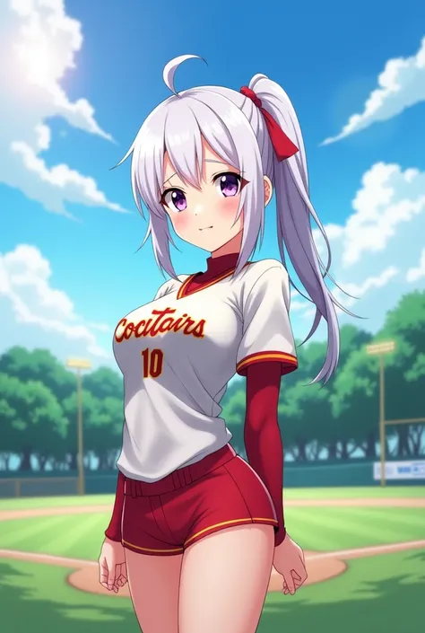 HD、Animation style、white hair 、Purple Eyes、girl、plump breasts 、High school student 、single ponytail、Baseball player、Light color short sleeve top、Long sleeve red underwear、Good shape、Thin、sash、Sky、cloud、sunny、Baseball field
