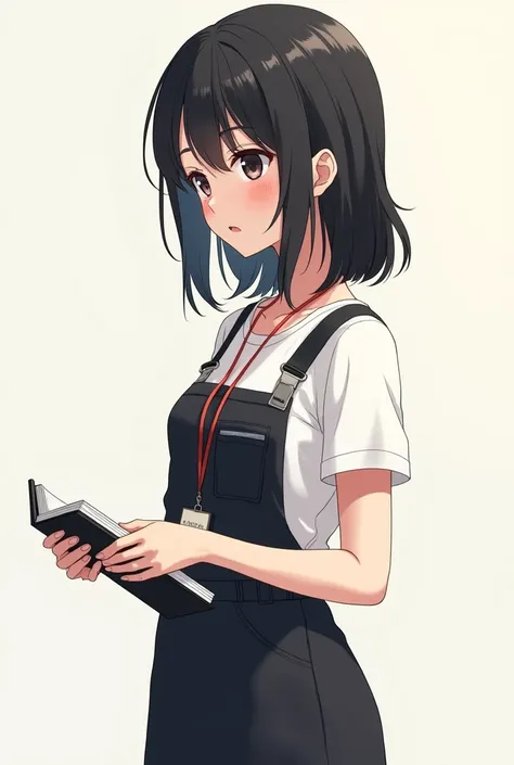 1 female, New media workers，Black Hair, sideways, Delicate face, Lovely，White short sleeve, Black work vest, Carry a work badge around your neck，Holding a notebook to record daily life，Blank Background, Anime style