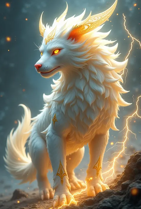 Make a spirit beast from murim manhwa, It is white with gold details, He has yellow eyes, he is four-legged, and it has lightning around it . I dont want it realistic