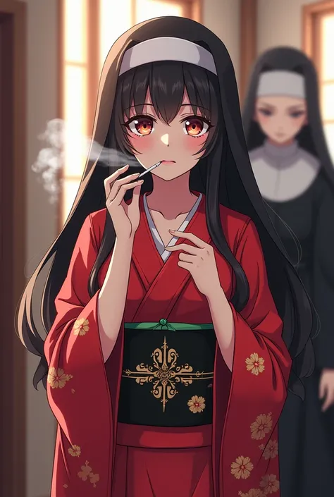 Drawing Oiran Anime Smoking Next, I am wearing a sister&#39;s outfit to disguise myself, wearing the same red kimono, just picking up the sister&#39;s outfit to wear. Next, I am wearing a full nun&#39;s uniform, with a black shirt and a cross necklace. I c...