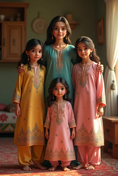 Pakistani  3 sister and with mother  one sister night is 5 feet 1 inch and 2nd sister high 4feet 7 inches and 3rD sister night is 5 feet 3 inches and mother night is 4 feet 10 inches  and shes  sister s  and mother clothes shalwar kamees