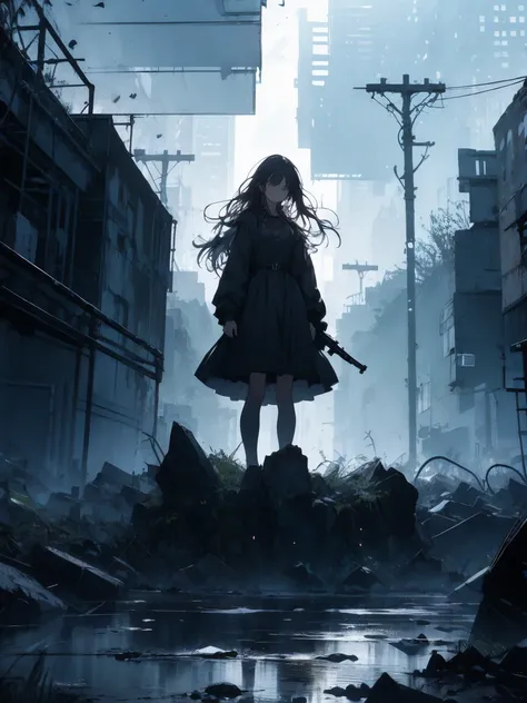 high quality, One Girl, sad, Look Down, Bottom of the earth, stand up, abyss, A city surrounded by high walls, dark Cloud, Black Dress, Long Hair, Dystopia, Possession of a gun、Automatic pistols