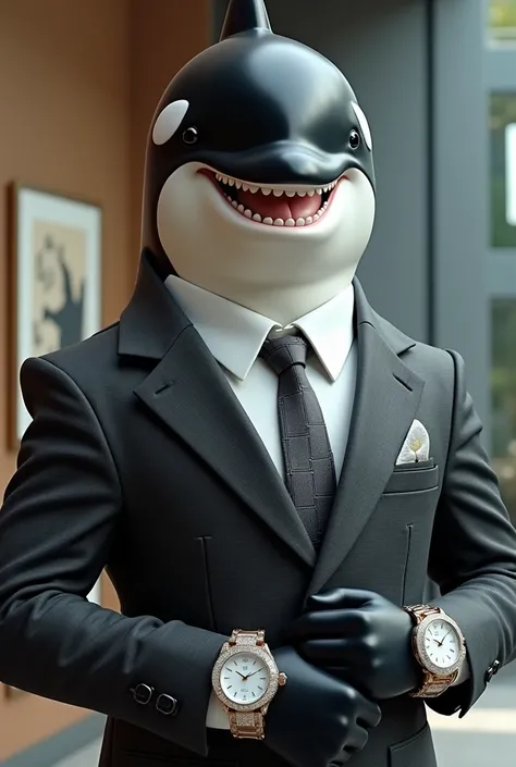 Smiling Orca in luxury Business suit with expensive watches on wrist 