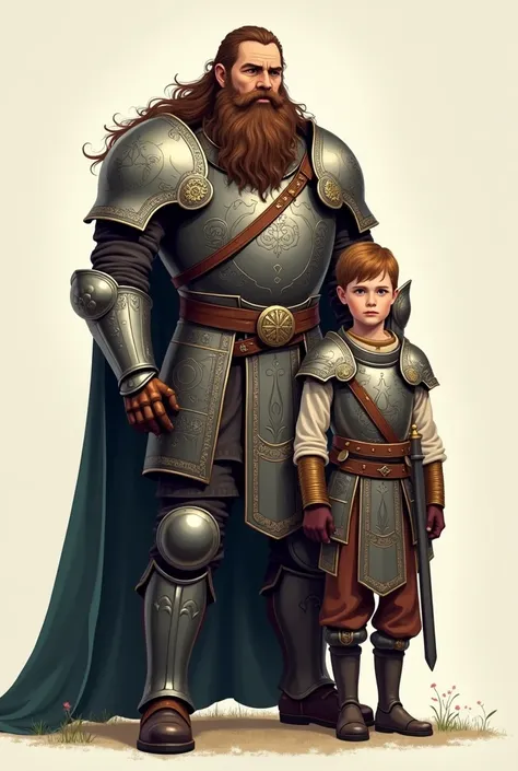 (((vector art))), Russian hero with a child in full growth, hero in armor, with a big beard, long hair
