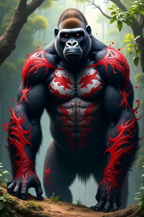 A mountain gorilla father with splashy paint in black , red and white 