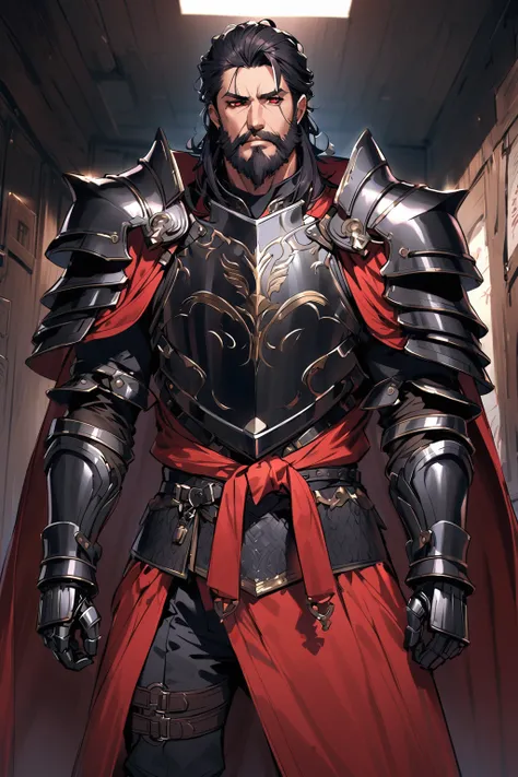 mature man, short black hair, long messy black beard, piercing red eyes, knight-general style clothing, wearing massive black chest armor, wearing black armor shoulders with spikes, wearing black armor gauntels, wearing black armor pants, wearing black arm...