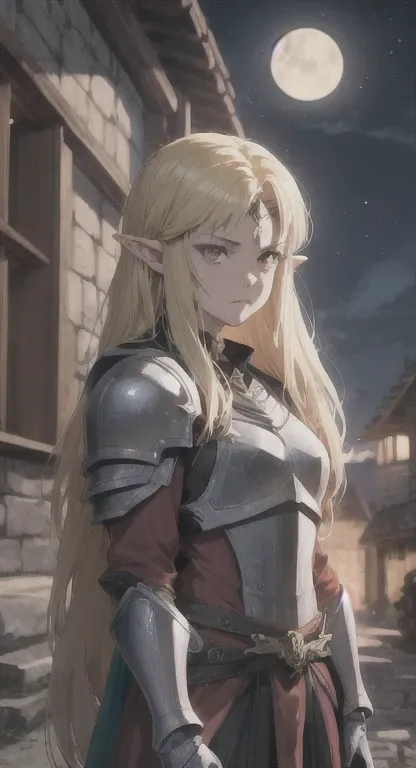 Ancient Hylian, Devine Knight, princess Hylia, blonde, red eyes, glaring at viewer, ancient Devine armor, long messy hair, ancient Hyrule, medieval Town, night, dark,