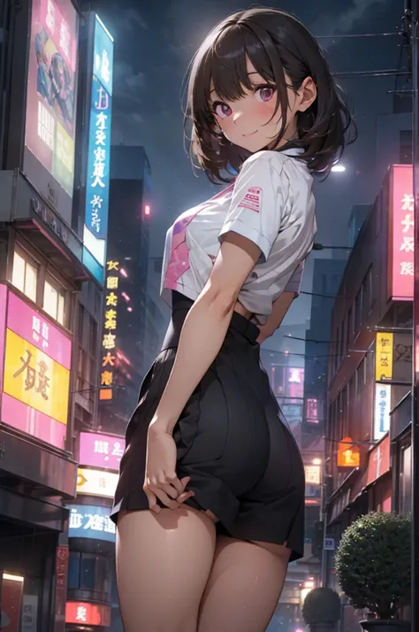 From below撮影, Pink and purple neon sign, Holograms projected onto buildings and in the sky, dystopian city, night, High definition, Realistic skin texture, break, Full Body Shot, Feet close-up, One Girl, Mecha Girl, Pink bob hair, Pink eyes, Detailed face,...